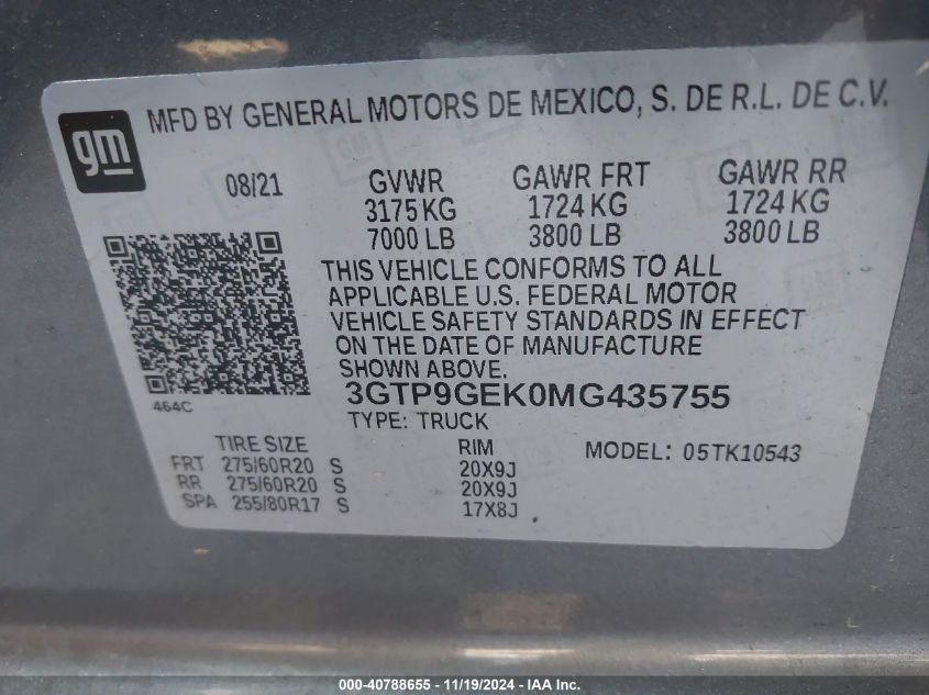 2021 GMC Sierra 1500 4Wd Short Box Elevation With 3Vl VIN: 3GTP9GEK0MG435755 Lot: 40788655