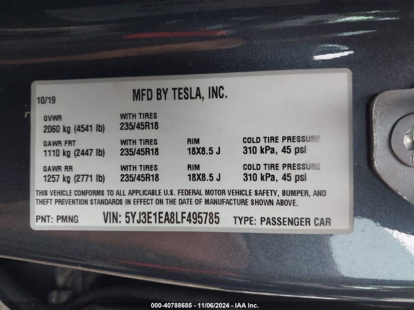 2020 Tesla Model 3 Standard Range Plus Rear-Wheel Drive/Standard Range Rear-Wheel Drive VIN: 5YJ3E1EA8LF495785 Lot: 40788685