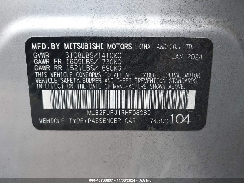 2024 Mitsubishi Mirage G4 Es VIN: ML32FUFJ1RHF08089 Lot: 40788697