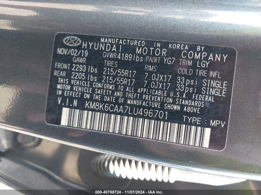 VIN KM8K6CAA7LU496701 2020 Hyundai Kona, Sel Plus no.9