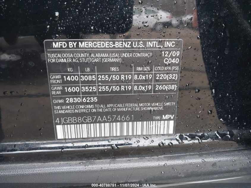 2010 Mercedes-Benz Ml 350 4Matic VIN: 4JGBB8GB7AA574661 Lot: 40788751