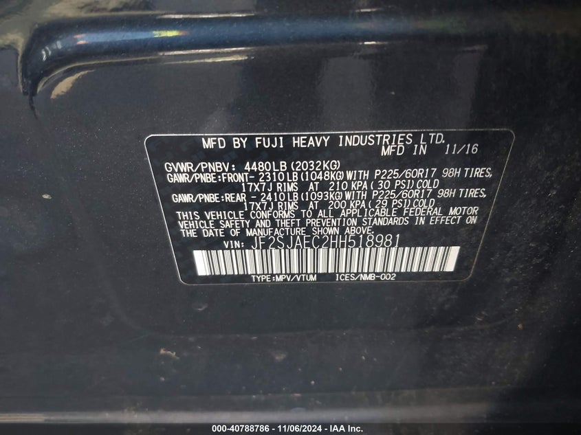 VIN JF2SJAEC2HH518981 2017 SUBARU FORESTER 2.5I PREMIUM