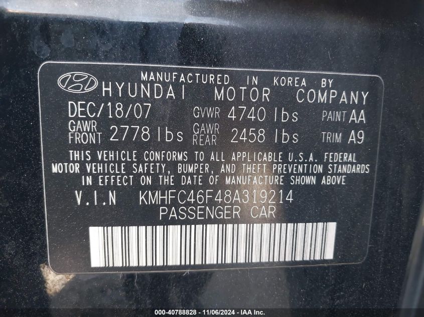 2008 Hyundai Azera Limited VIN: KMHFC46F48A319214 Lot: 40788828