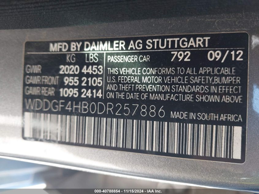 2013 Mercedes-Benz C 250 Luxury/Sport VIN: WDDGF4HB0DR257886 Lot: 40788854