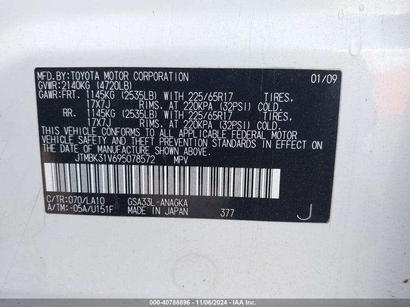 2009 Toyota Rav4 Limited VIN: JTMBK31V695078572 Lot: 40788896