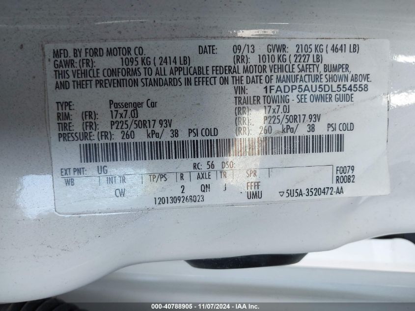 2013 Ford C-Max Hybrid Se VIN: 1FADP5AU5DL554558 Lot: 40788905