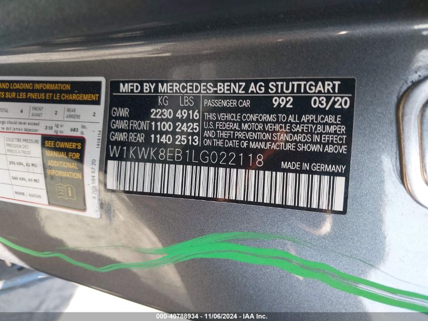 2020 Mercedes-Benz C 300 4Matic VIN: W1KWK8EB1LG022118 Lot: 40788934