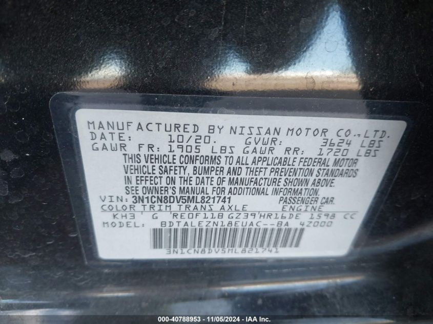 VIN 3N1CN8DV5ML821741 2021 Nissan Versa, S Xtronic Cvt no.9