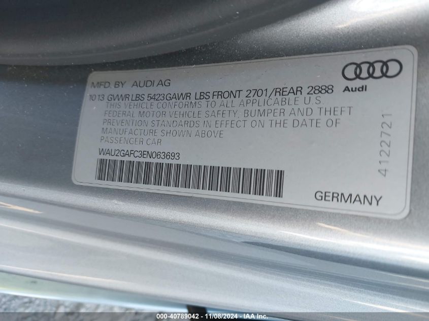 2014 Audi A7 3.0T Premium Plus VIN: WAU2GAFC3EN063693 Lot: 40789042