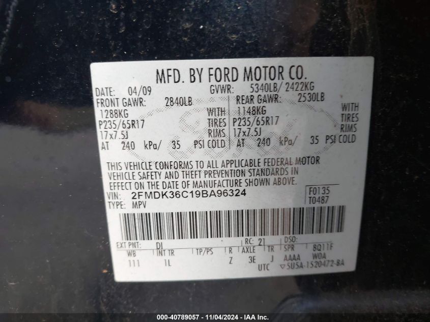 2009 Ford Edge Se VIN: 2FMDK36C19BA96324 Lot: 40789057