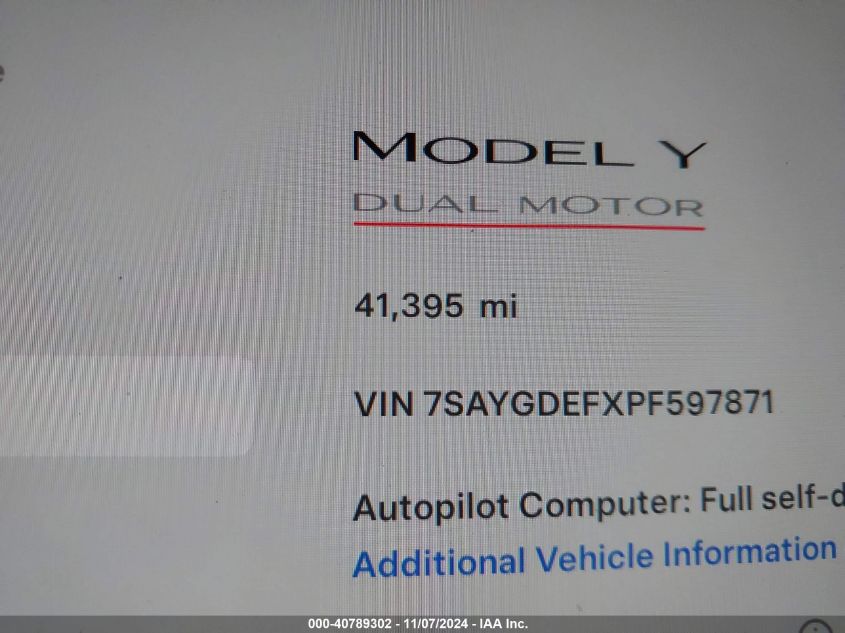 2023 Tesla Model Y Performance Dual Motor All-Wheel Drive VIN: 7SAYGDEFXPF597871 Lot: 40789302