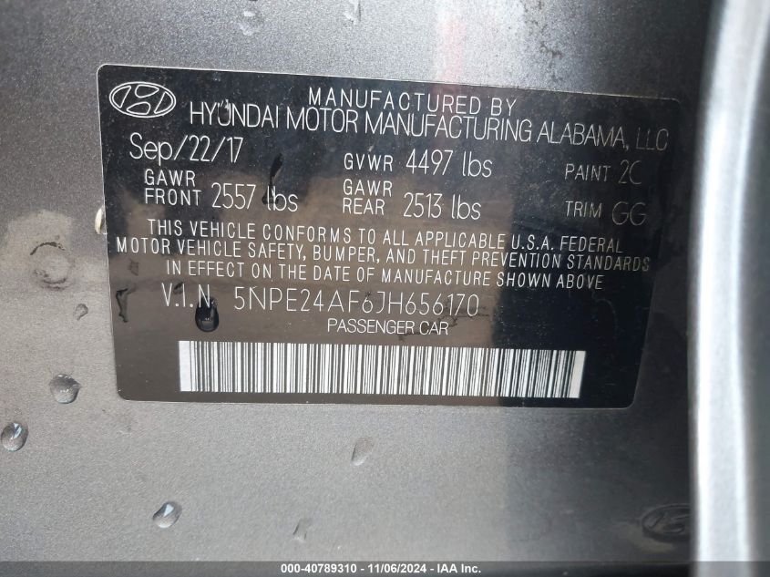 2018 HYUNDAI SONATA VIN: 5NPE24AF6JH656170