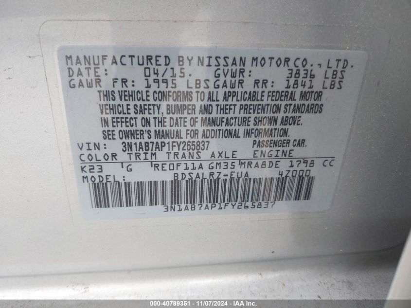 2015 Nissan Sentra Sr VIN: 3N1AB7AP1FY265837 Lot: 40789351