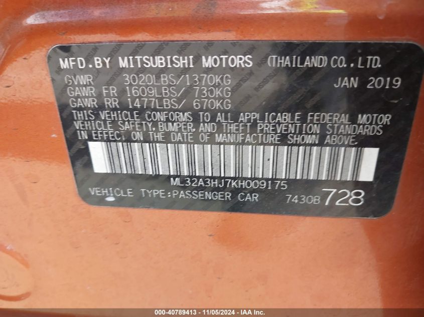 2019 Mitsubishi Mirage Rf VIN: ML32A3HJ7KH009175 Lot: 40789413