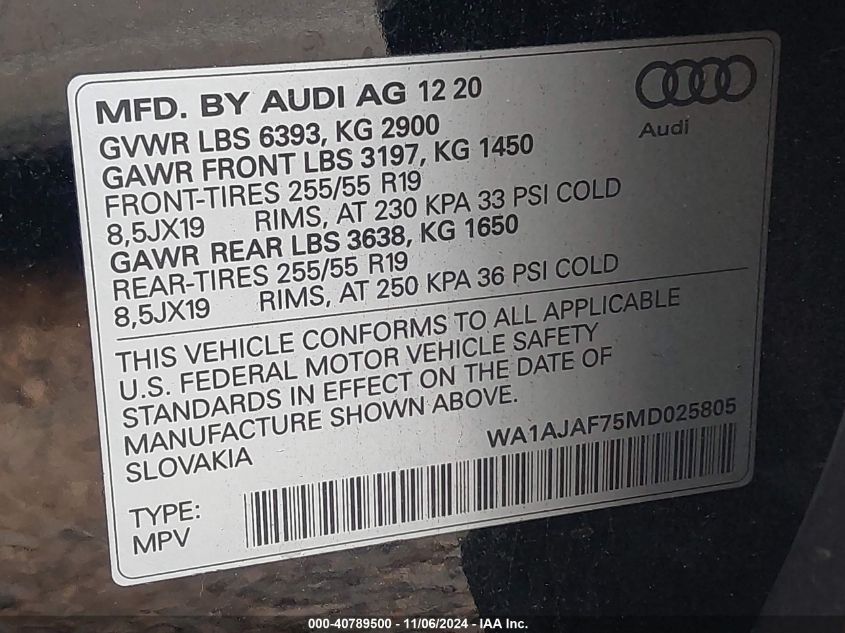 2021 AUDI Q7 VIN: WA1AJAF75MD025805