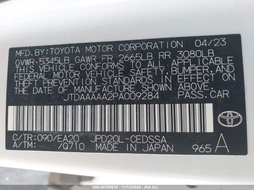 2023 Toyota Mirai Xle VIN: JTDAAAAA2PA009284 Lot: 40789518