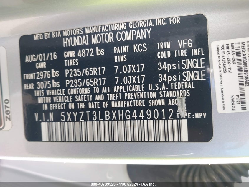 VIN 5XYZT3LBXHG449012 2017 HYUNDAI SANTA FE SPORT 2.4L