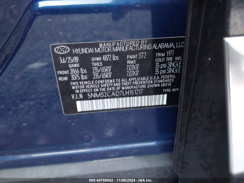 2020 Hyundai Santa Fe Se VIN: 5NMS2CAD7LH151217 Lot: 40789542