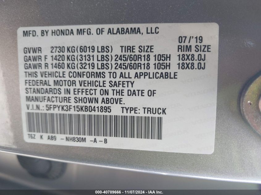 2019 Honda Ridgeline Sport VIN: 5FPYK3F15KB041895 Lot: 40789666