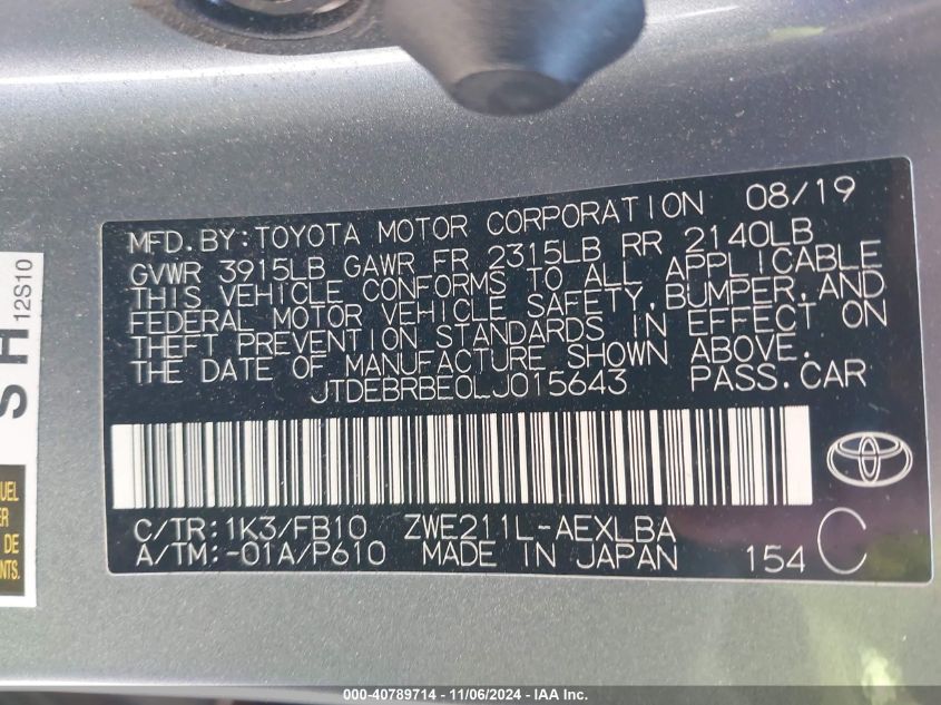 2020 Toyota Corolla Hybrid Le VIN: JTDEBRBE0LJ015643 Lot: 40789714