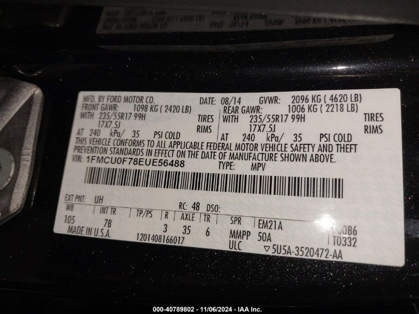 2014 FORD ESCAPE VIN: 1FMCU0F78EUE56488