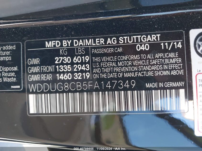 2015 Mercedes-Benz S 550 VIN: WDDUG8CB5FA147349 Lot: 40789855