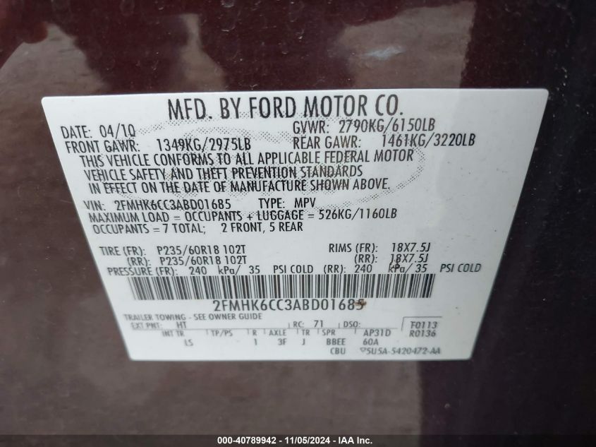 2010 Ford Flex Sel VIN: 2FMHK6CC3ABD01685 Lot: 40789942