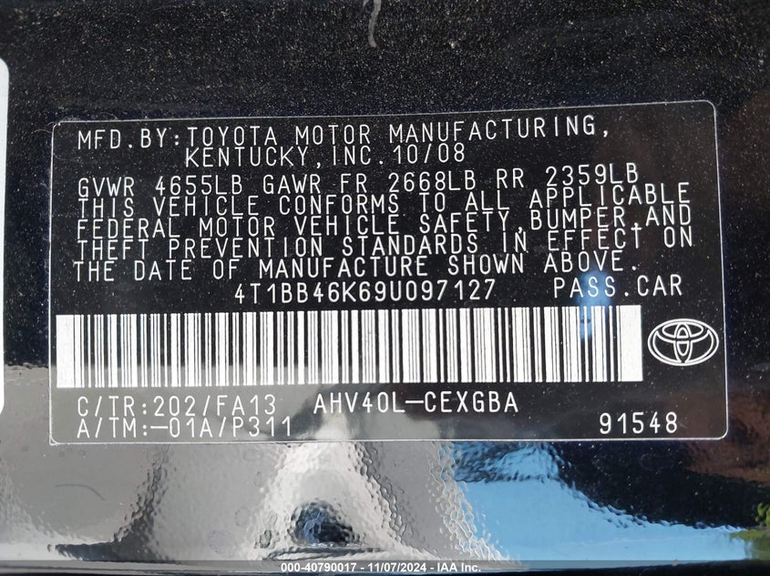 2009 TOYOTA CAMRY HYBRID VIN: 4T1BB46K69U097127