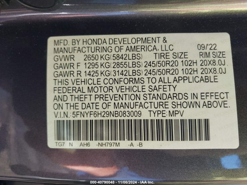 2022 Honda Pilot Awd Special Edition VIN: 5FNYF6H29NB083009 Lot: 40790048