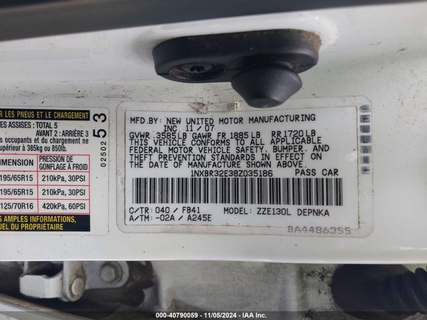 2008 TOYOTA COROLLA VIN: 1NXBR32E38Z035186