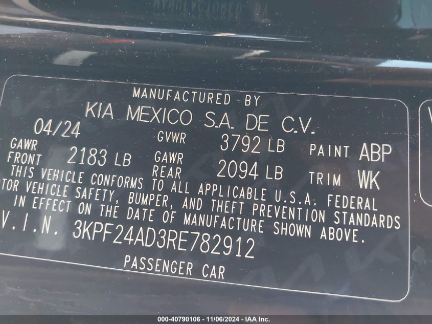 2024 Kia Forte Lxs VIN: 3KPF24AD3RE782912 Lot: 40790106