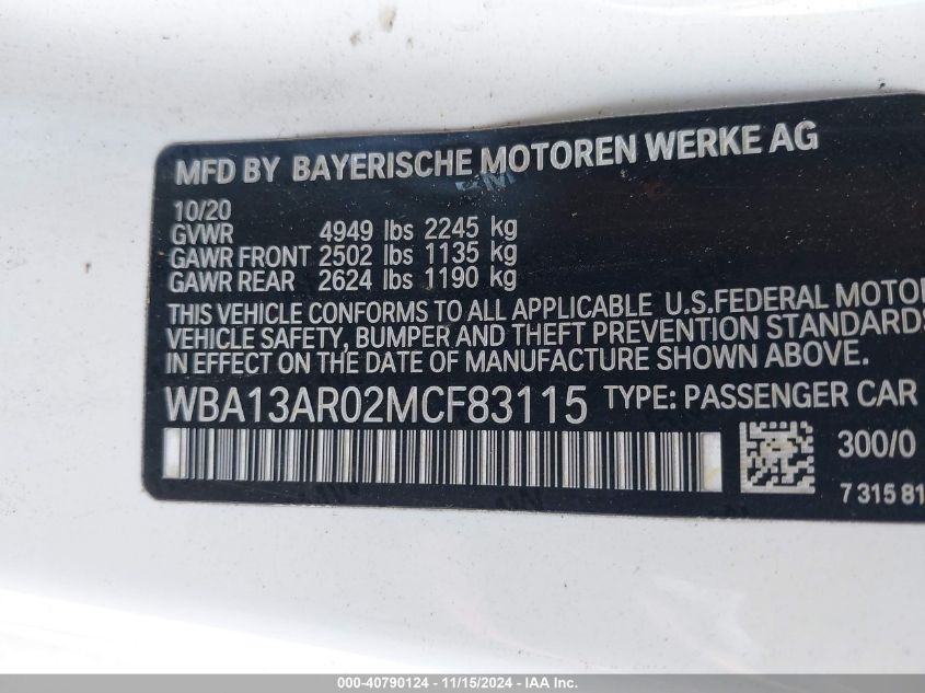 2021 BMW M440I xDrive VIN: WBA13AR02MCF83115 Lot: 40790124