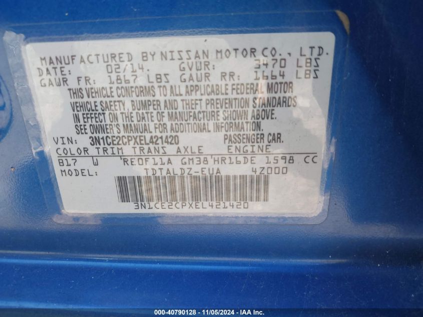 VIN 3N1CE2CPXEL421420 2014 NISSAN VERSA NOTE no.9