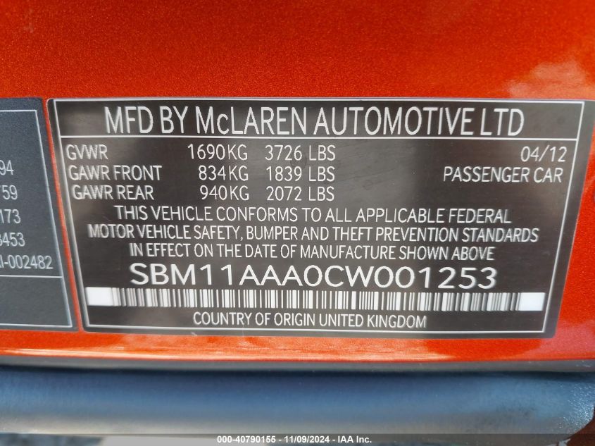 2012 Mclaren Mp4-12C VIN: SBM11AAA0CW001253 Lot: 40790155