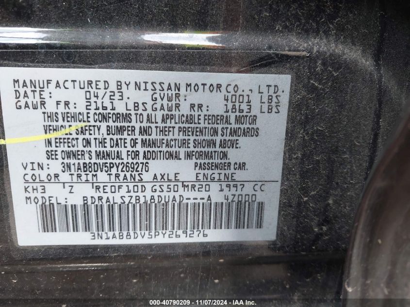 2023 Nissan Sentra Sr Xtronic Cvt VIN: 3N1AB8DV5PY269276 Lot: 40790209