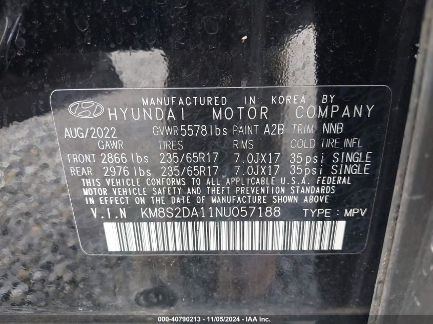 2022 Hyundai Santa Fe Hybrid Blue VIN: KM8S2DA11NU057188 Lot: 40790213