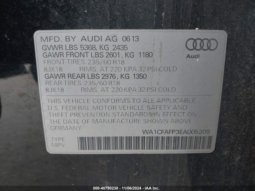 2014 Audi Q5 2.0T Premium VIN: WA1CFAFP3EA005209 Lot: 40790238