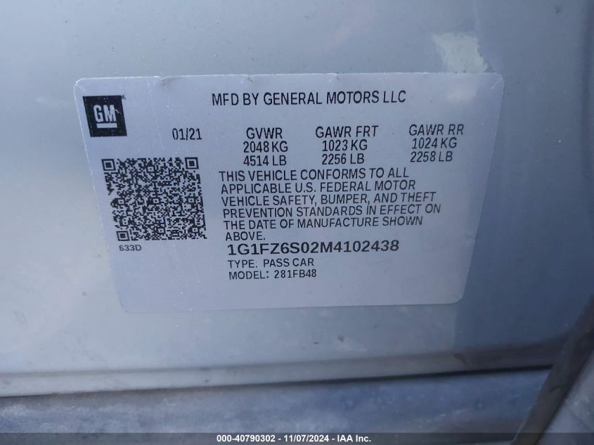 2021 Chevrolet Bolt Ev Fwd Premier VIN: 1G1FZ6S02M4102438 Lot: 40790302