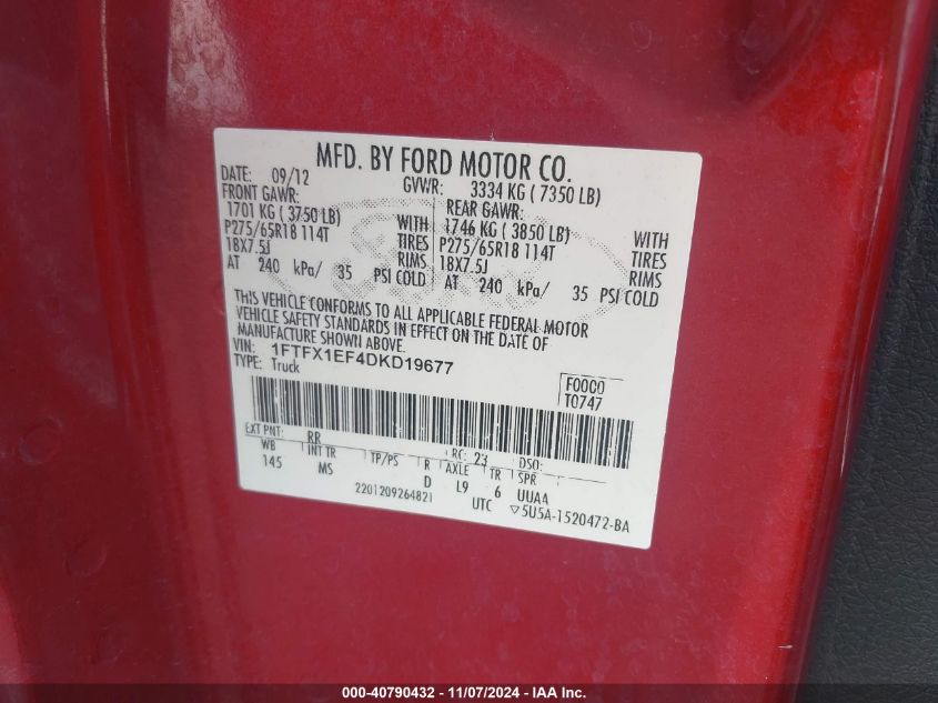 2013 FORD F-150 VIN: 1FTFX1EF4DKD19677