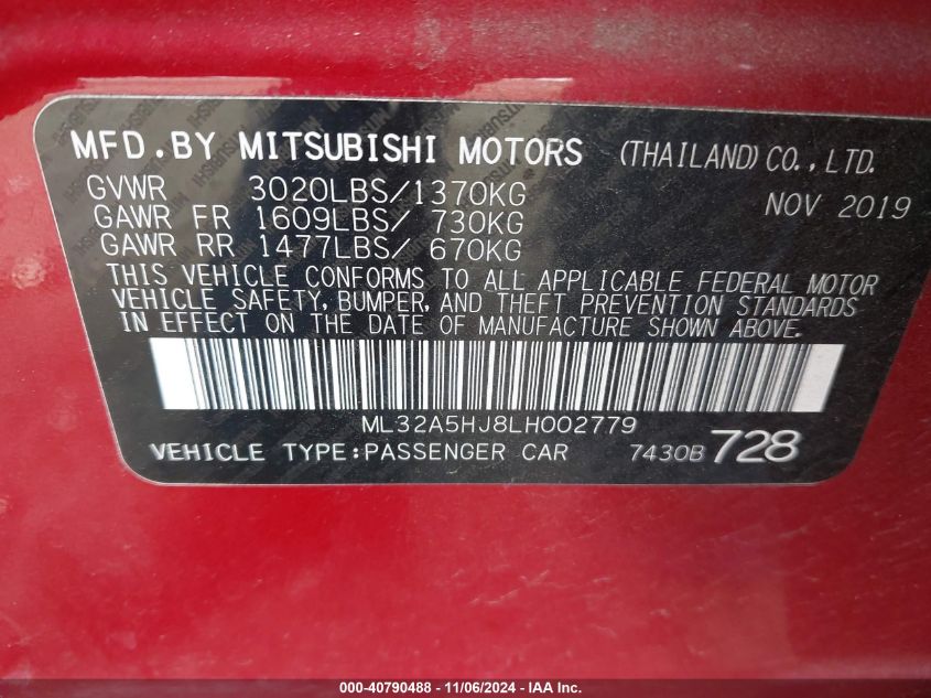 2020 Mitsubishi Mirage Le VIN: ML32A5HJ8LH002779 Lot: 40790488