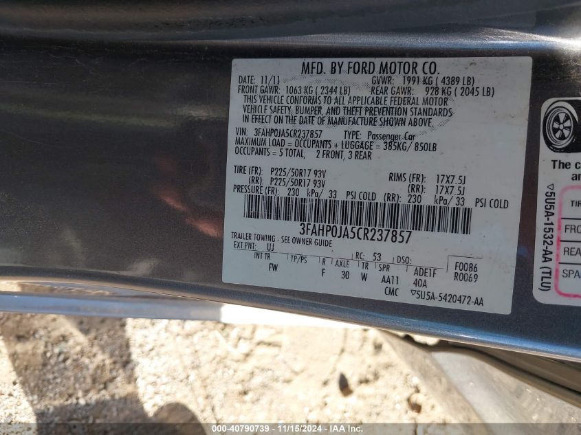 2012 Ford Fusion Sel VIN: 3FAHP0JA5CR23785 Lot: 40790739