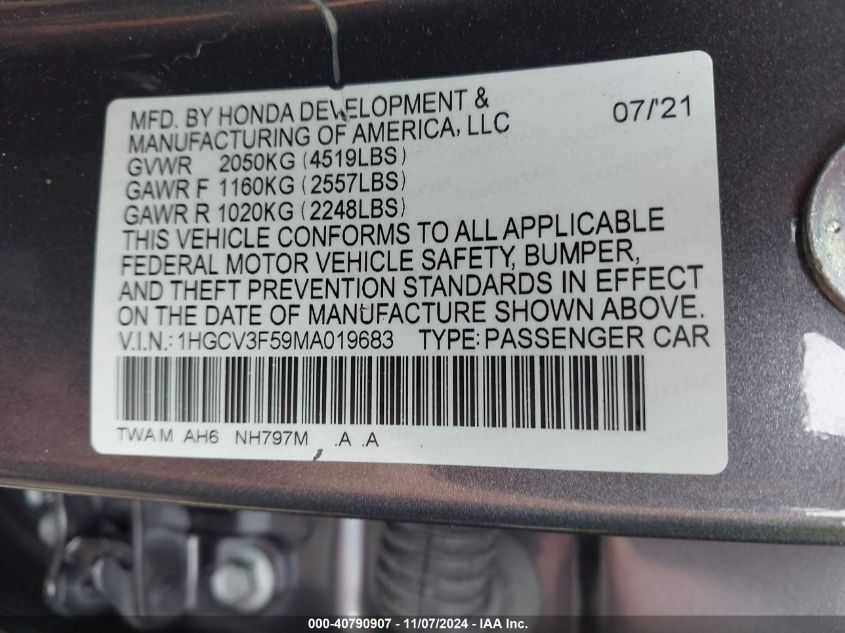 2021 Honda Accord Hybrid Ex-L VIN: 1HGCV3F59MA019683 Lot: 40790907