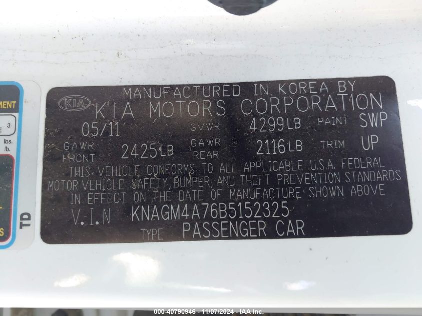 2011 Kia Optima Lx VIN: KNAGM4A76B5152325 Lot: 40790946