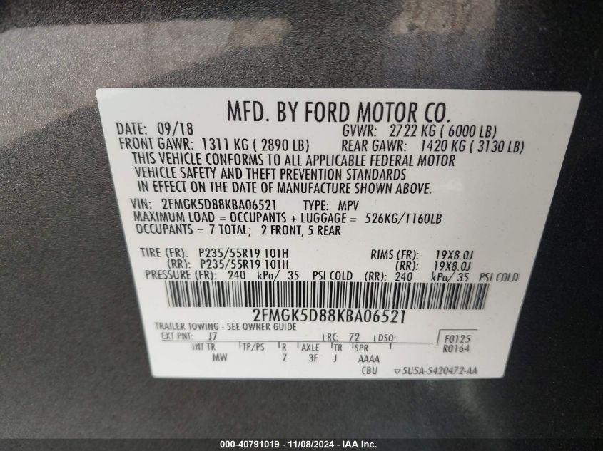 2019 Ford Flex Limited VIN: 2FMGK5D88KBA06521 Lot: 40791019