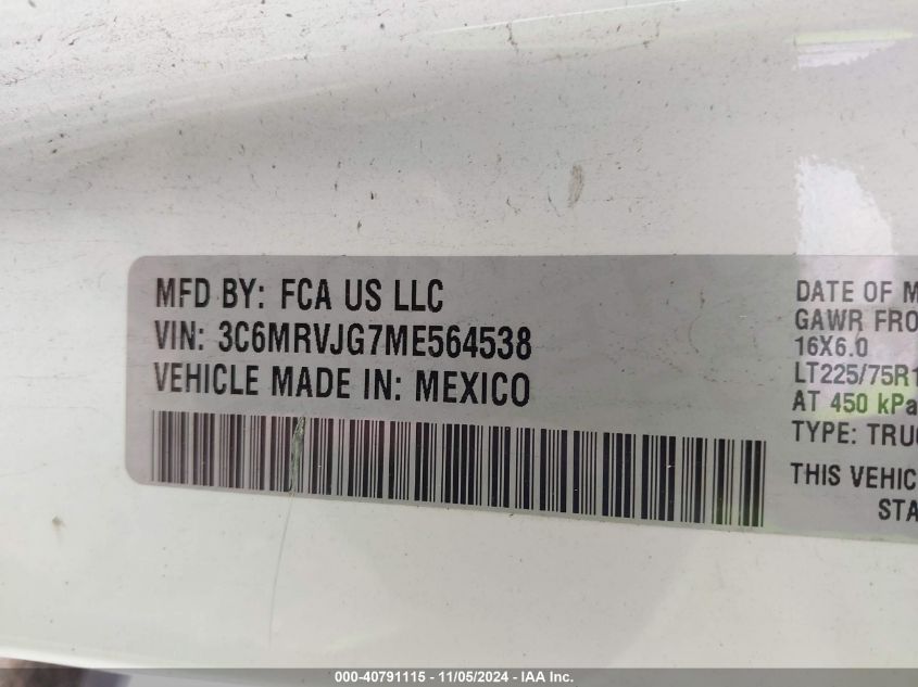 2021 Ram Promaster 3500 Cargo Van High Roof 159 Wb Ext VIN: 3C6MRVJG7ME564538 Lot: 40791115