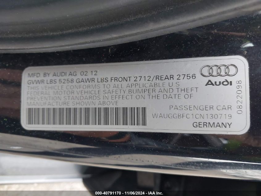 2012 Audi A6 3.0 Premium VIN: WAUGGBFC1CN130719 Lot: 40791170