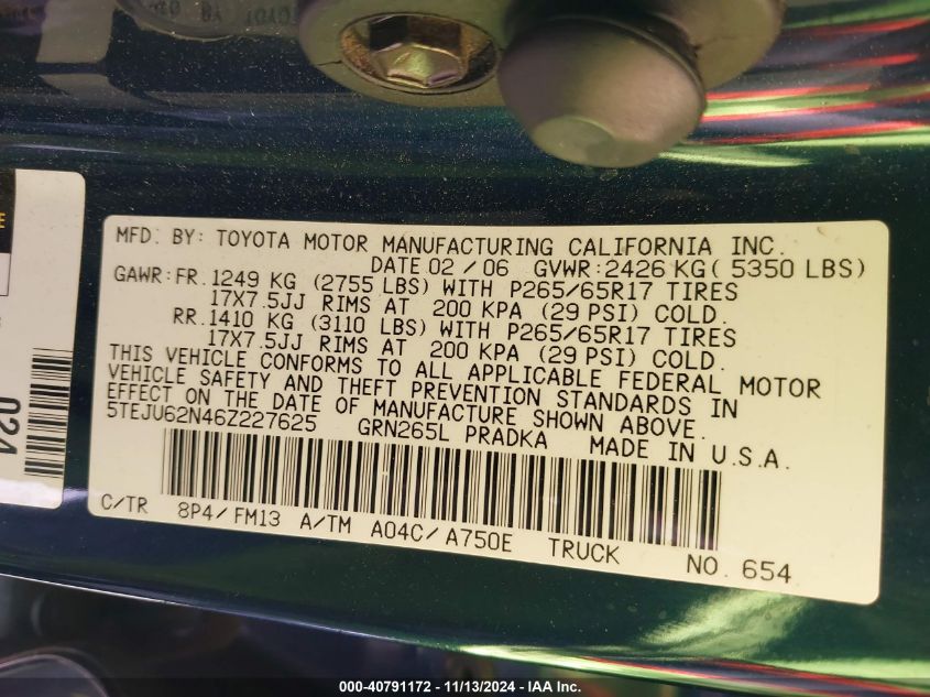 2006 Toyota Tacoma Double Cab Prerunner VIN: 5TEJU62N46Z227625 Lot: 40791172