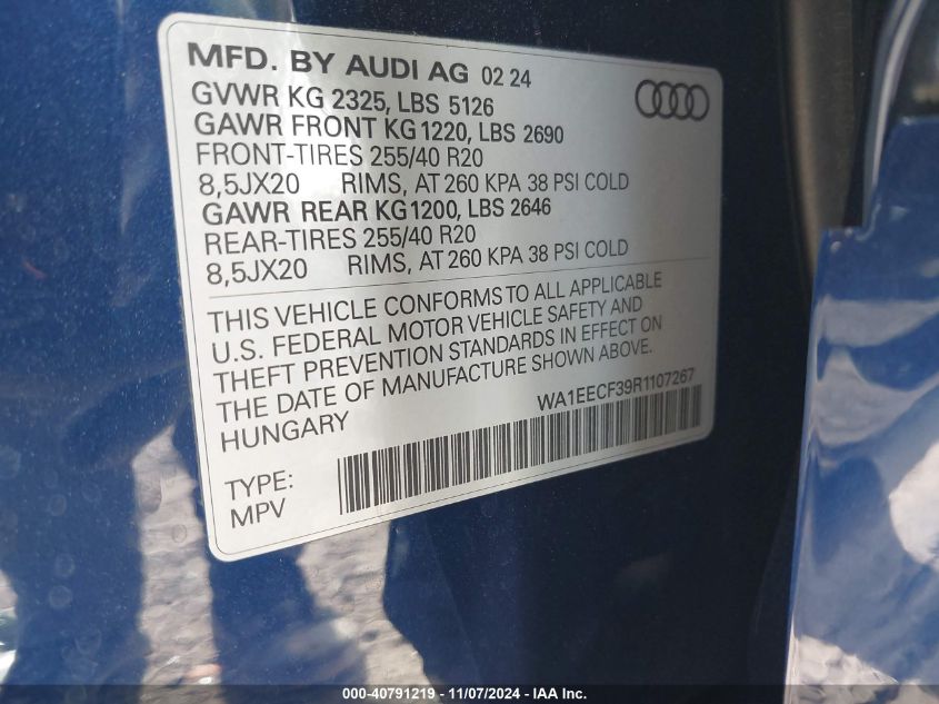 2024 Audi Q3 Premium Plus 45 Tfsi S Line Quattro Tiptronic VIN: WA1EECF39R1107267 Lot: 40791219