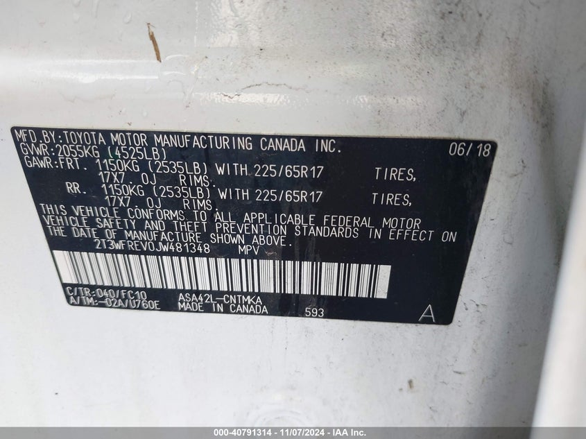 VIN 2T3WFREV0JW481348 2018 TOYOTA RAV4 XLE