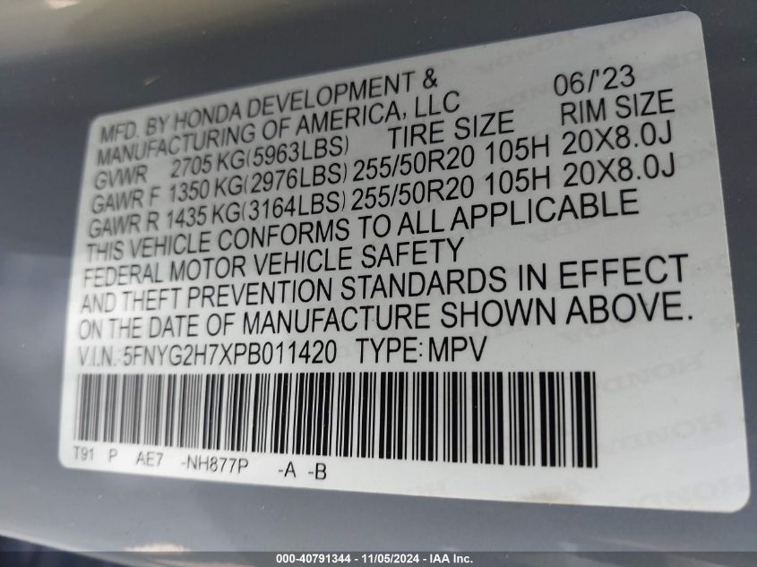 2023 Honda Pilot 2Wd Touring VIN: 5FNYG2H7XPB01142 Lot: 40791344